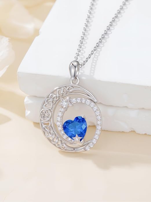 Dorunmo Heart Birthstone Necklace for Women 925 Sterling Silver Moon and Star Pendant Birthday Jewelry Gifts for Wife Her Daughter Mom