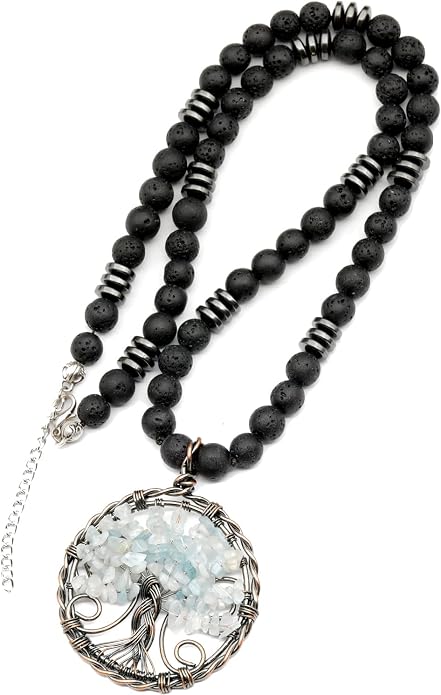 ElisaJewelryArt - Natural Labradorite Big Tree Of Life Black Lava Stone Beaded Necklace Genuine Gemstone Energy Stone Clasp Closure Necklace Unisex Necklace
