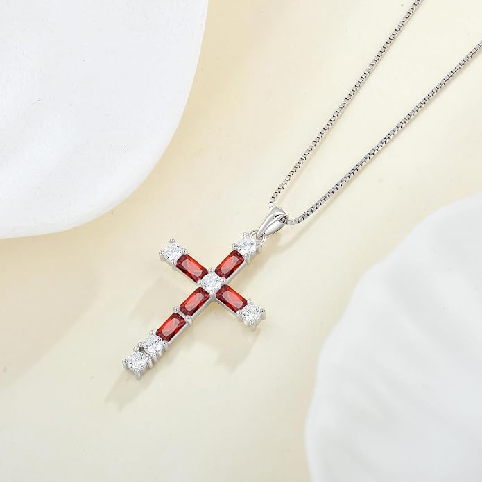 Birthstone Cross Necklace for Women 925 Sterling Silver Christian Religious Crucifix Pendant Rectangular Cut Birthstone Jewelry Gifts for Her