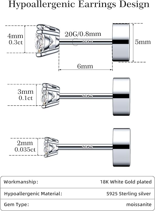 3 Pairs Moissanite Flatback Stud Earrings for Women, 925 Sterling Silver Hypoallergenic Flat Back Cartilage Earrings Set, 18K White Gold Plated