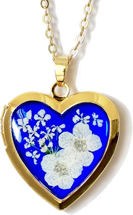 Handmade Heart Shaped Dried Pressed Forget Me Not Flower Photo Locket Pendant Necklace