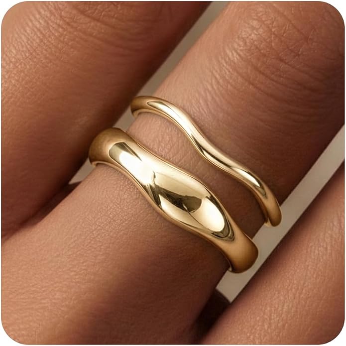 Gold Rings for Women Men Non Tarnish, Waterproof Chunky 14K Gold Plated Dainty Stackable Rings Trendy Statement Pinky Thumb Rings Engagement Eternity Wedding Band Ring Stacking Gold Jewelry Size 3 4 5 6 7 8 9 10 11