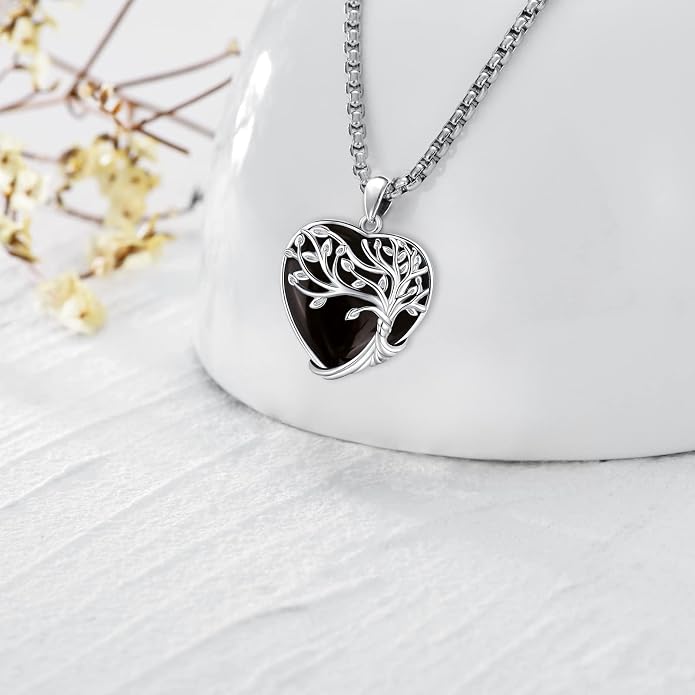 Turquoise/Amethyst/Moonstone/Black Onyx Tree of Life Necklace for Women Hummingbird Necklaces White Gold Plated Copper Jewelry