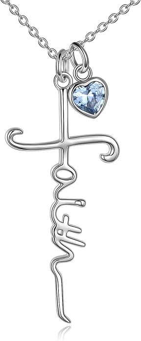 Faith Cross Necklace For Women Birthstone Sterling Silver with Simulated Birthstone Cross Jewelry Christian Gifts