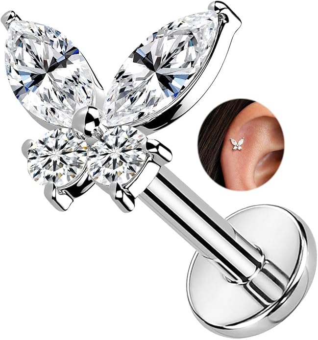 1Pcs 14K Yellow/White Gold Cartilage Earring for Women, 16G Threadless Flat Back Top Push in, Butterfly Tragus Helix Labret Lip Stud Piercing Jewelry
