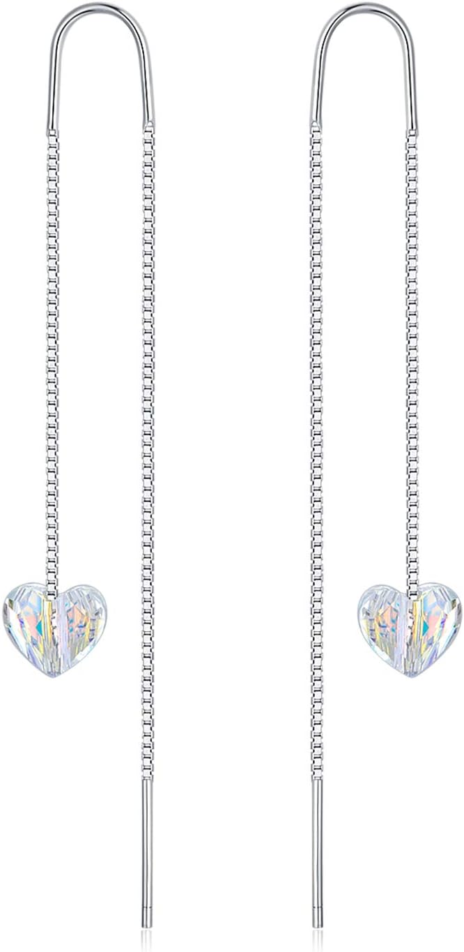 AOBOCO Heart/Butterfly/Cube Threader Dangle Drop Earrings - 925 Sterling Silver Long Chain Earring for Women Baroque Hook Drop Earrings Crystals from Austria