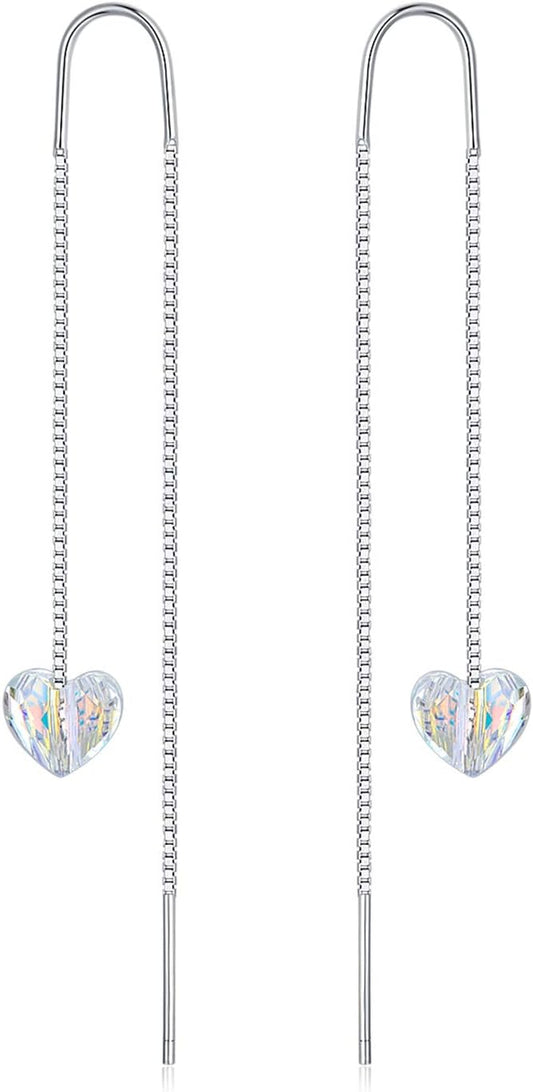 AOBOCO Heart/Butterfly/Cube Threader Dangle Drop Earrings - 925 Sterling Silver Long Chain Earring for Women Baroque Hook Drop Earrings Crystals from Austria