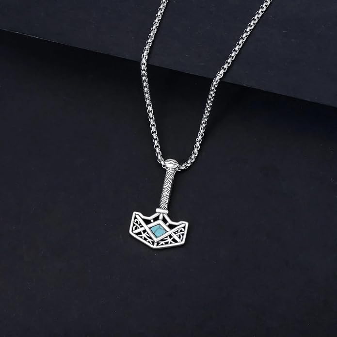 PELOVNY Thor Hammer Necklace 925 Sterling Silver Turquoise/Snake Pendant Viking Jewelry for Anniversary Birthday Christmas Gifts Men Women