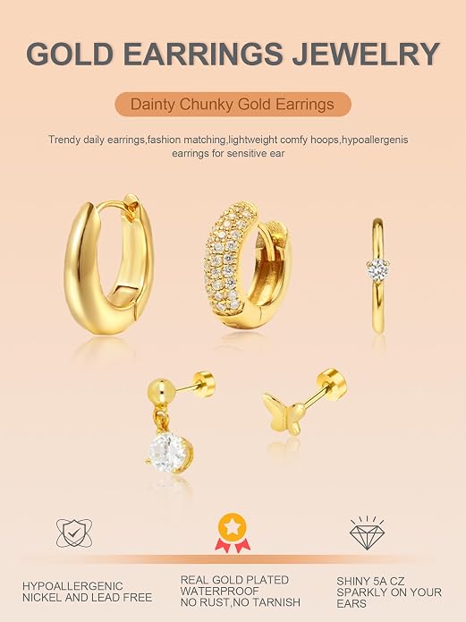 Small Chunky Stud Hoop Stacks Earrings for Women Hypoallergenic Silver Gold Flat Back Stud for Sensitive Ears Small 14K Gold Plated Huggie Cubic Zirconia Cartilage Earrings Set for Multiple Piercing Jewelry Gifts for Women 5 Pairs