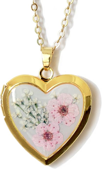 Handmade Heart Shaped Dried Pressed Forget Me Not Flower Photo Locket Pendant Necklace