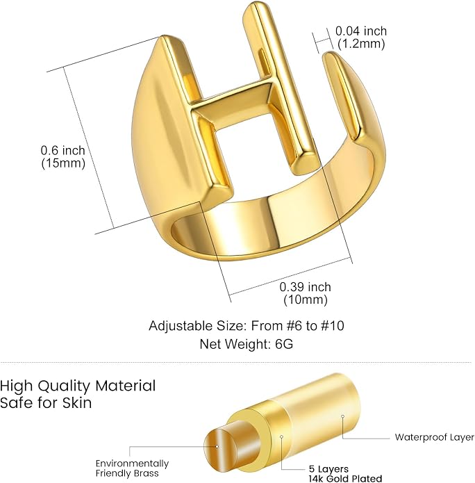 KeyStyle Bold Initial Letter Rings Adjustable, GoldChic Jewelry Women Gold Statement Ring Personalized Engraved Women’s Open Signet Ring for Party (Gold, White Gold, Black)