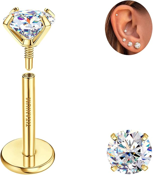 GEMQUEEN Moissanite Earrings G23 Titanium Extended Internal Thread Flat Back Earrings Hypoallergenic Tragus Cartilage Helix Conch Piercing Jewelry for Women Men 18G 6/8mm Post Gray/D Color 0.2-3CT