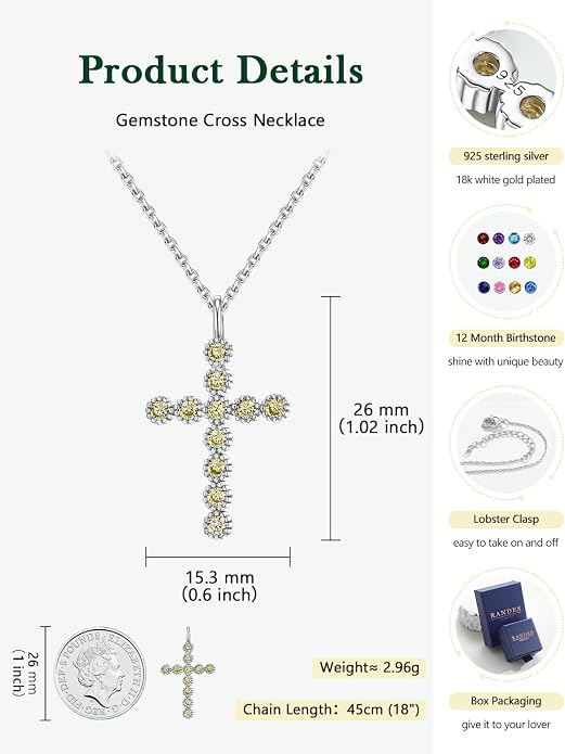 Sterling Silver Cross Necklace for Women Birthstone Religious Jewelry