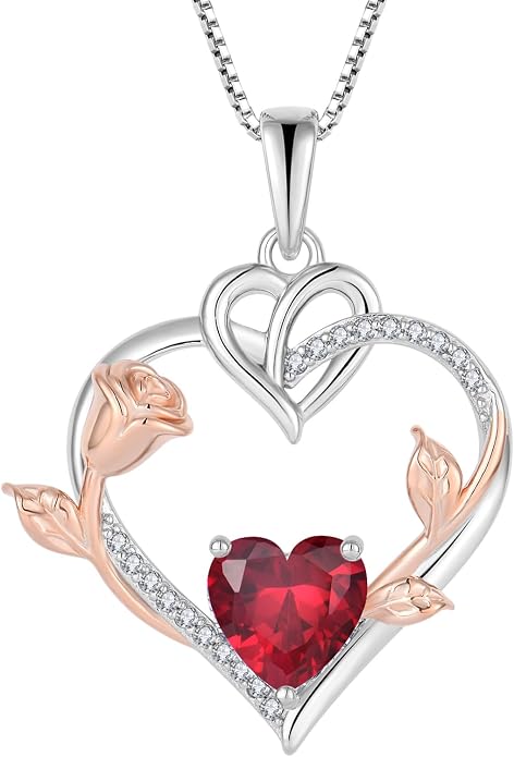 Rose Heart Necklaces for Women - 925 Sterling Silver Gold Rose Birthstone Pendant Jewelry for Girlfriend Daughter - Anniversary Birthday Christmas Valentines Day Mother’s Day Jewelry Gifts for Women Wife Her Girls Mom