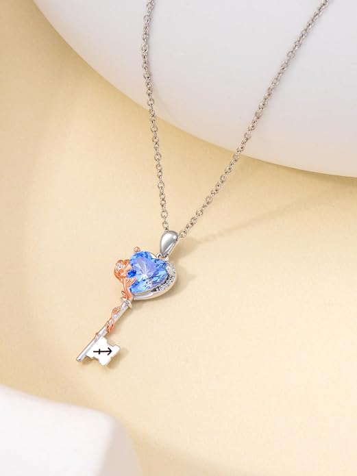 OCJ Zodiac Necklace for Women 925 Sterling Silver Rose Flower Key Pendant Necklaces Zodiac Birthstone Jewelry Wife Birthday Anniversary Christmas Gifts for Her