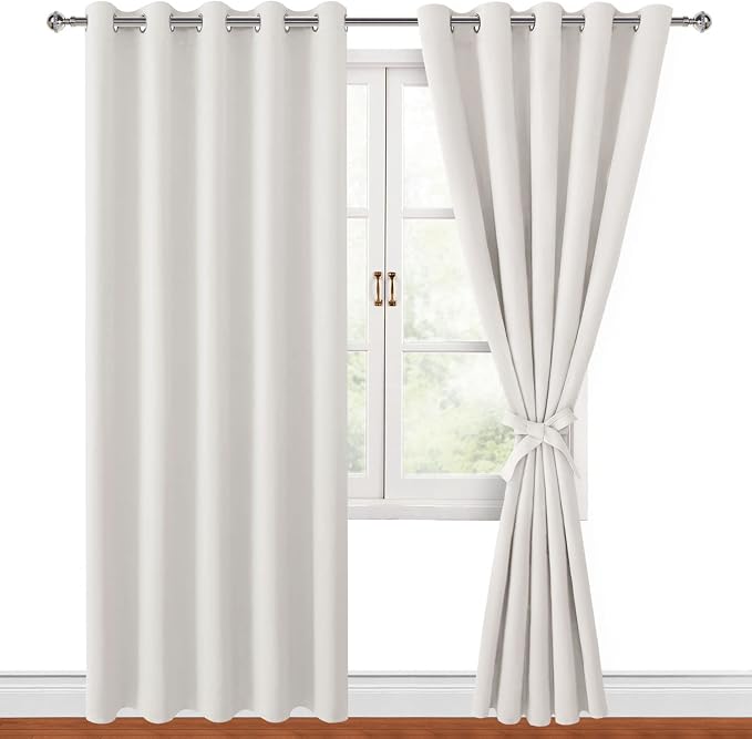 Hiasan Blackout Curtains for Bedroom, 60 x 84 Inches Long - Thermal Insulated & Light Blocking Window Curtains for Living Room/Kids Room, 2 Drape Panels Sewn with Tiebacks, Ivory