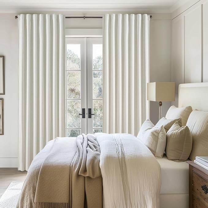 Beige White 100 Inch Bedroom Curtains Blackout,Country Cottage Core Thick Linen Pleat Window Drapes for Nursery Kids Room Thermal Room Darkening Winter Curtains to Keep Cold Out 40"Wx100"L 2 Panels