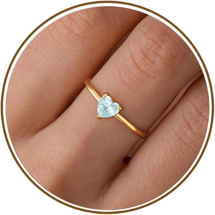 WFYOU Gold Heart Birthstone Rings for Women 14K Gold Plated Non Tarnish Stackable Pinky Cubic Zirconia Rings Emerald Dainty Gemstone Thumb Ring Band Cute Jewelry Birthday Gift Size 5-10