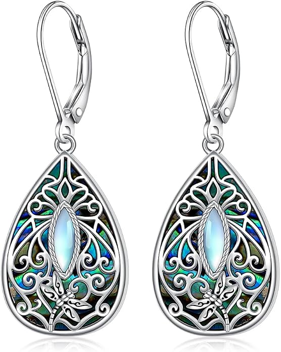 Moonstone Dragonfly Filigree Earrings for Women Sterling Silver Abalone Dragonfly Earrings Teardrop Leverback Dangle Drop Jewelry Gifts