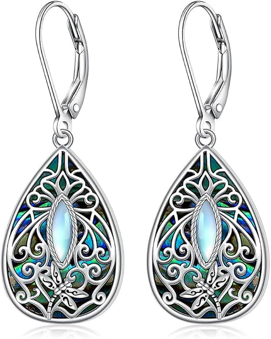 Moonstone Dragonfly Filigree Earrings for Women Sterling Silver Abalone Dragonfly Earrings Teardrop Leverback Dangle Drop Jewelry Gifts