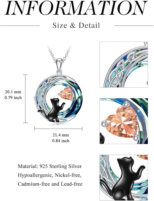 TOUPOP Cat Gifts for Cats Lovers 925 Sterling Silver Black Cat Necklace Celtic Moon Birthstone Jewelry for Women Anniversary Birthday Gift for Her Wife Mom