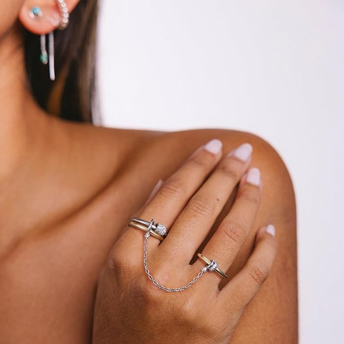 KissYan Stackable Rings for Women, 14k Gold Plate Interlocked Multi Ring Set Dainty Pave CZ Personalized Fashion Two-Toned Mixed Metals Stacking Jewelry Trendy Statement Gift