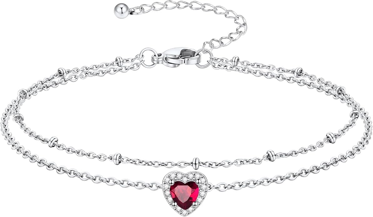 Richsteel Double Layer Heart/Butterfly Birthstone Anklet for Women Non Tarnish Waterproof, Silver/Gold/Black Stainless Steel 8.5-10.5 Inch Adjustable Chain Anklets Jewelry Gifts for Her