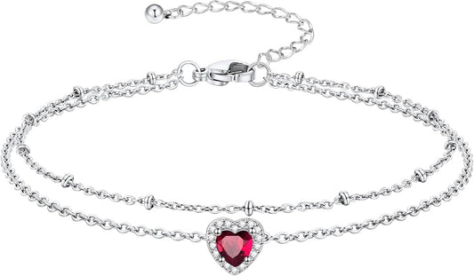 Richsteel Double Layer Heart/Butterfly Birthstone Anklet for Women Non Tarnish Waterproof, Silver/Gold/Black Stainless Steel 8.5-10.5 Inch Adjustable Chain Anklets Jewelry Gifts for Her