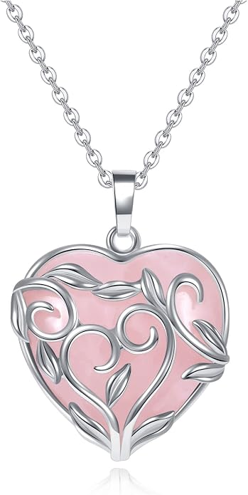 Top Plaza Natural Rose Quartz Healing Crytal Necklace Silver Life Tree Wire Wrapped Heart Shape Stone Pendant for Womens Girls Ladies