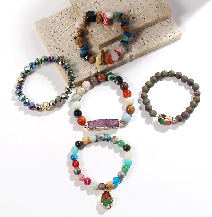 Yomisa 5PCS 6PCS Natural Boho Beaded Bracelets/Bangle for Women Men,Healing Turquoise Jasper Agate Crystal Gemstone Stone Chakra Multilayer Wrap Bohemian Handmade Jewelry Beads Stretch Bracelet Set