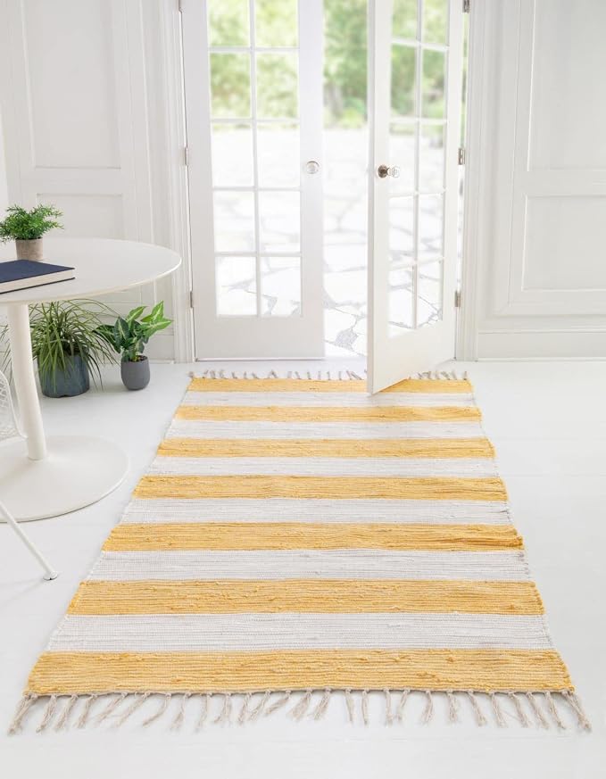 Unique Loom Chindi Rag Collection Area Rug - Striped (6' 1" x 9' Rectangle, Yellow and Ivory)