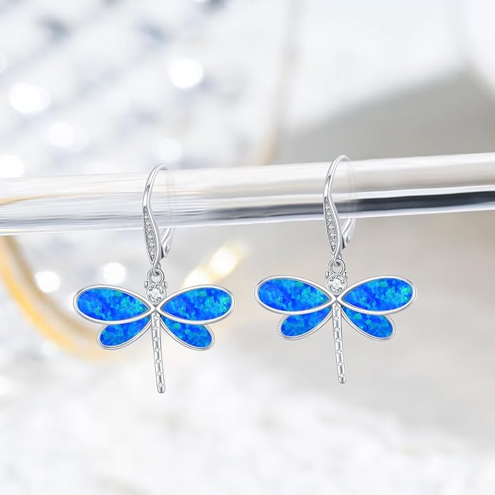 CUOKA MIRACLE Dragonfly Earrings 925 Sterling Silver Hoop Dragonfly Earrings Dangle Drop Opal Earring Dragonflies Jewelry Gifts for Women Wife