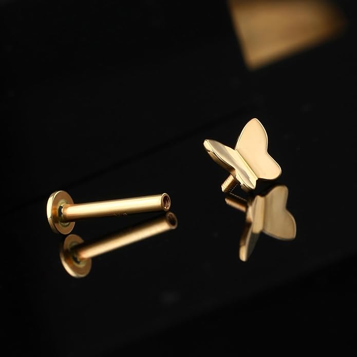 Jewseen 9K Real Solid Yellow Gold Butterfly Stud Earring Flat Back Internal Threaded 16G 8mm Gorgeous Fine Piercing Jewelry for Auricular Cartilage Helix Tragus Lobe Lip