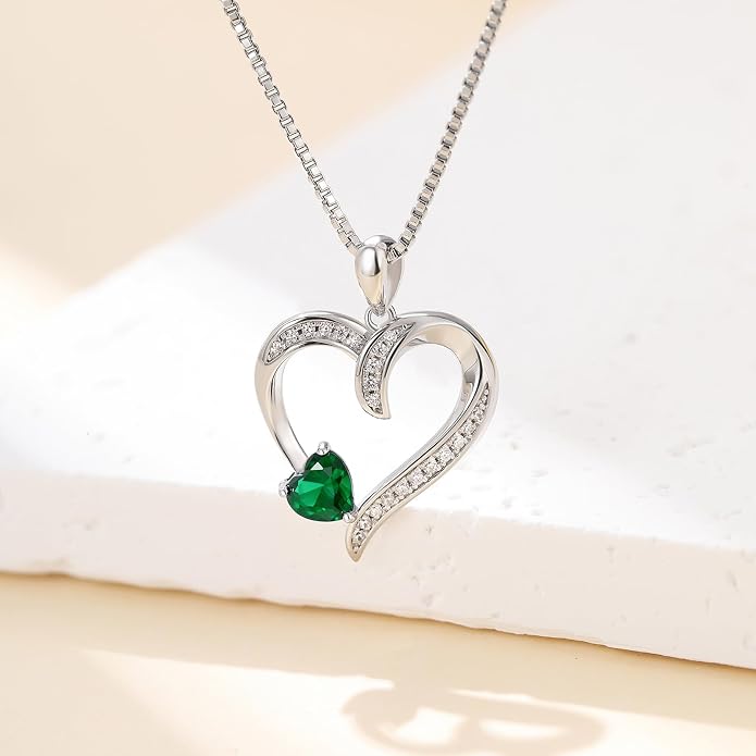 Love Heart Necklace for Women, 925 Sterling Silver Cubic Zirconia Birthstone Heart Pendant Jewelry Gift for Mom, Mother, Wife, Girlfriend on Birthday, Mother's Day, Chain 18 inch