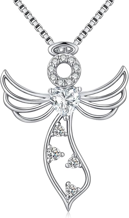 925 Sterling Silver Guardian Angel Pendant Necklace for Women - Birthstone Cubic Zirconia, 18" Chain, Gift for Her