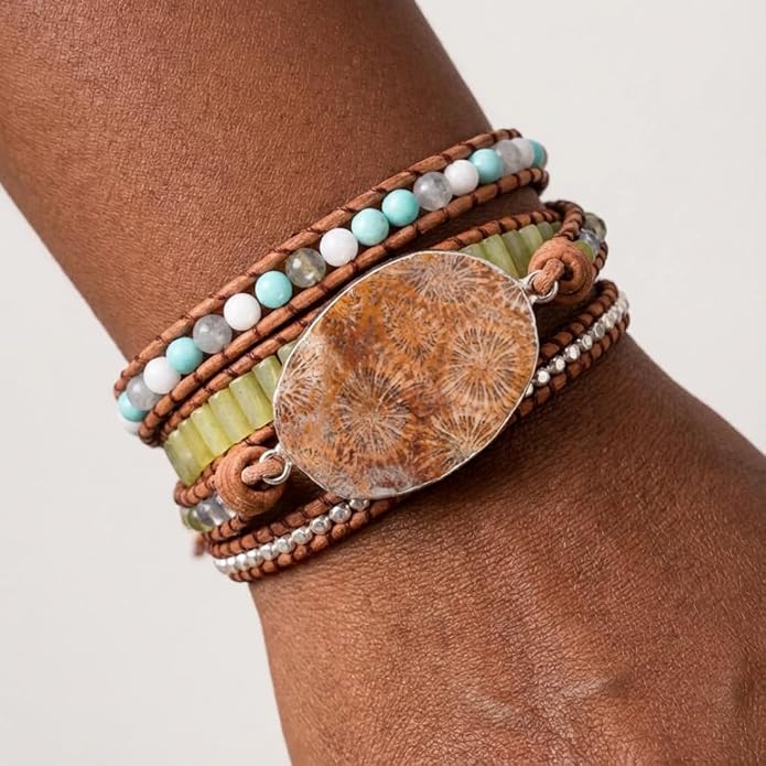 YGLINE Boho Handmade Wrap Leather Tube Crystal Stone Bracelet for Women