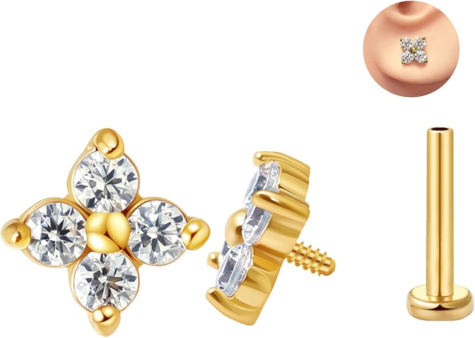 FANSING CZ Flower Internally Threaded Flat Back Earring Labret Stud for Cartilage Tragus Helix Conch