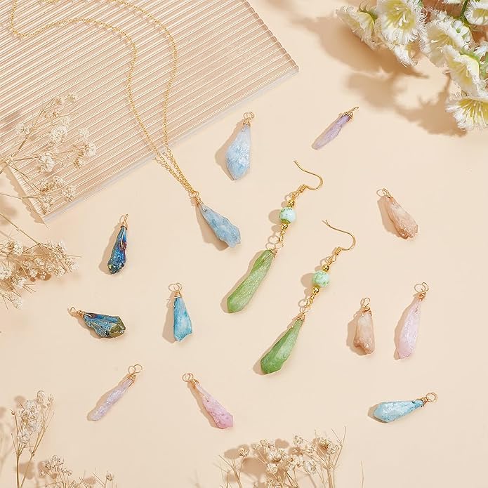 arricraft 14 Pcs 7 Colors Natural Quartz Crystal Wire Wrapped Charms, Raw Natural Stone Nuggets Charms Assorted Colors Gemstone Irregular Pendant for Gem Themed Jewelry Making, 3.5mm Hole