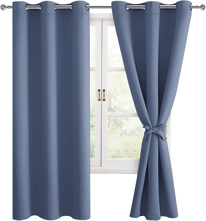 Hiasan Blackout Curtains for Bedroom, 42 x 72 Inches Long - Thermal Insulated & Light Blocking Window Curtains for Living Room, 2 Drape Panels Sewn with Tiebacks, Blue Haze