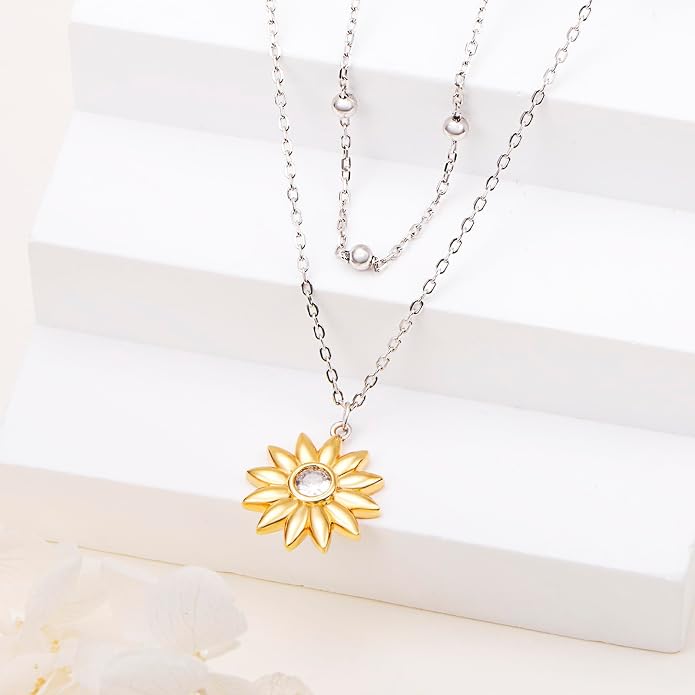 FLYOW Layered Choker Necklace S925 Sterling Silver Star Full Moon Daisy Flower Pendant Disc Jewelry Adjustable Clavicle Necklaces for Women Girls Birthday Gifts