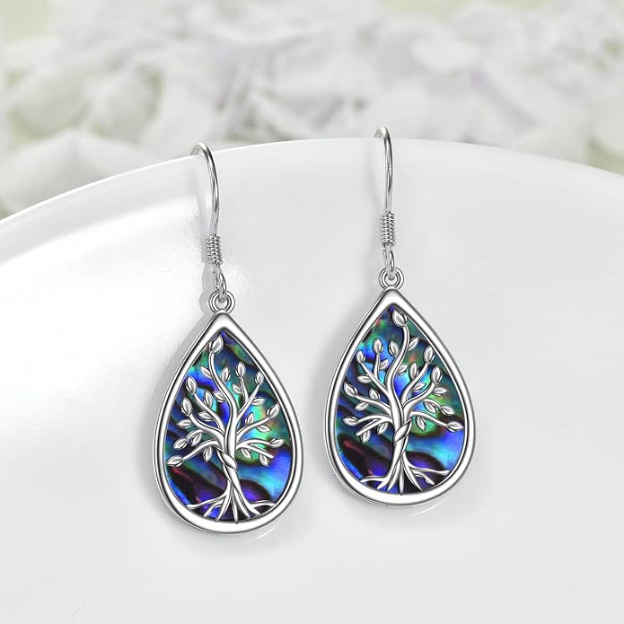POPLYKE 925 Sterling Silver Tree of Life Dangle Earrings for Women Fashion Abalone Shell Jewelry Gifts for Mom Sister Friend Birthday