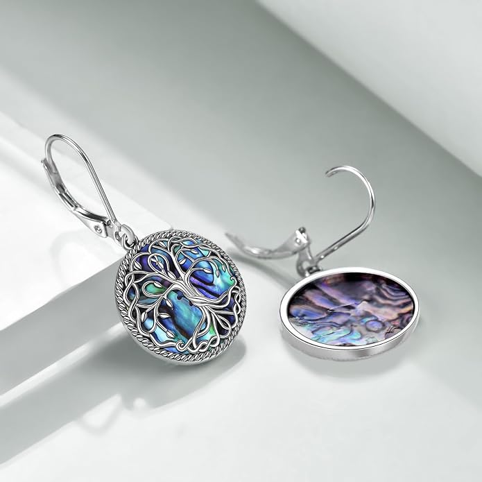 POPLYKE Celtic Tree of Life Earrings for Women Sterling Silver Family Tree Abalone Shell/Volcano Crystal Dangle Earrings Jewelry
