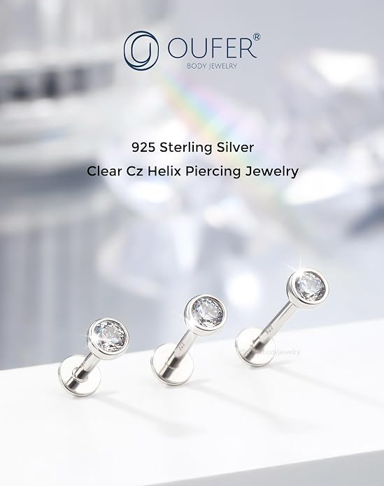 OUFER 925 Sterling Silver Helix Earrings Studs, 16G Flat Back Earrings, Silver Internally Threaded Cartilage Earrings Stud, Clear CZ Lip Rings, Ear Piercing Jewelry for Women Men