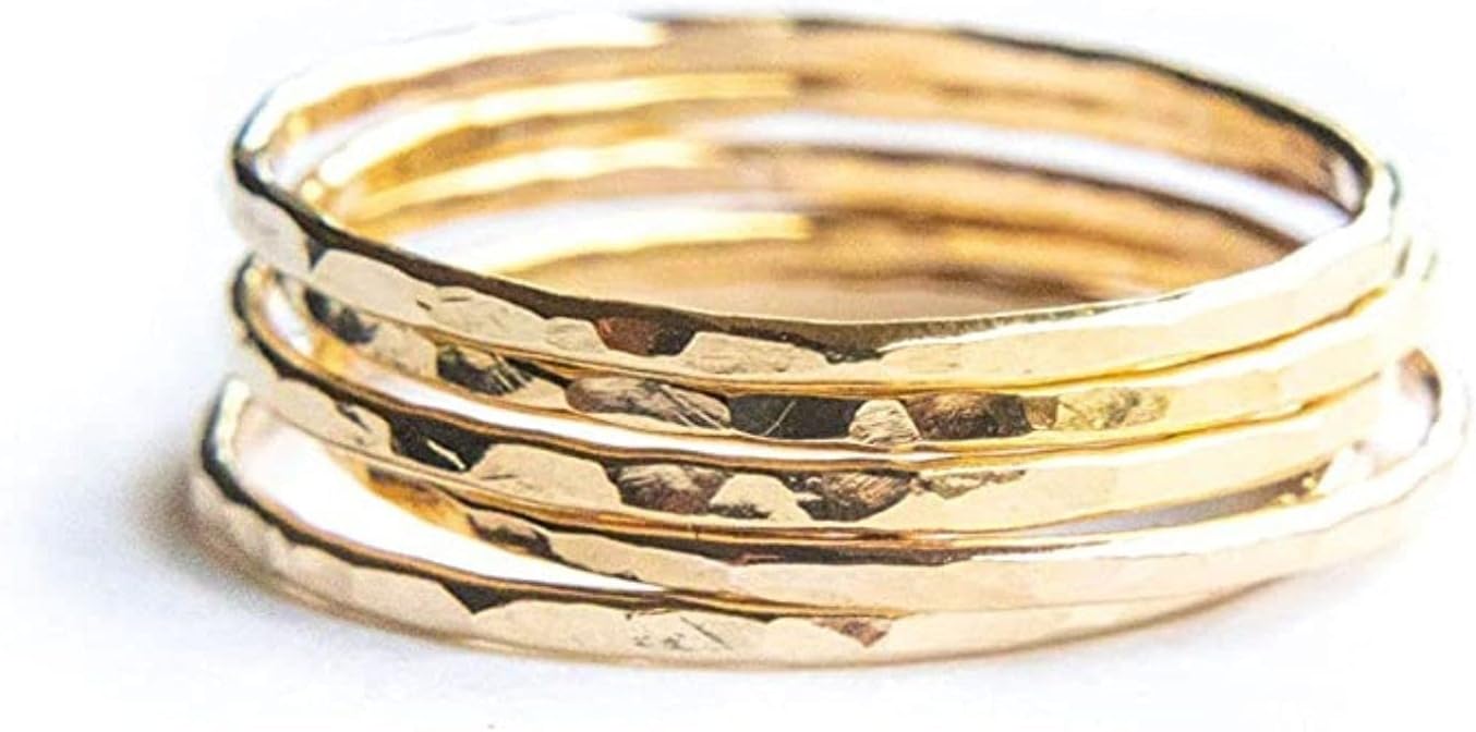 Ellie J Maui Hammered Ring, 1mm Thin Stacking Rings, Minimalist Rings for Women, 14K Gold Filled Rings for Teen Girls Midi Knuckle Pinky Finger Jewerly (Size 3-11)