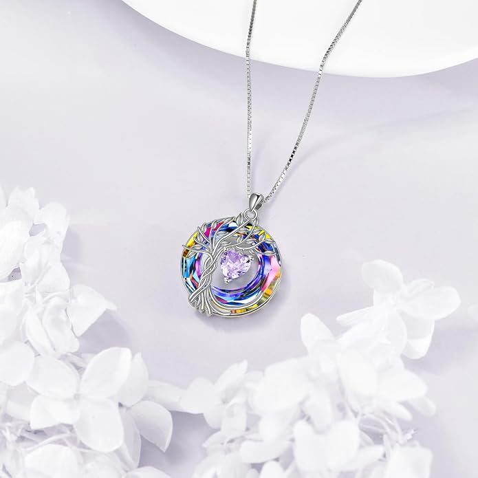 POPLYKE Mothers Day Gifts for Mom Her Wife Tree of Life Necklace 925 Sterling Silver Birthstone Pendant with Crystal Anniversary Birthday Wedding Jewelry for Women