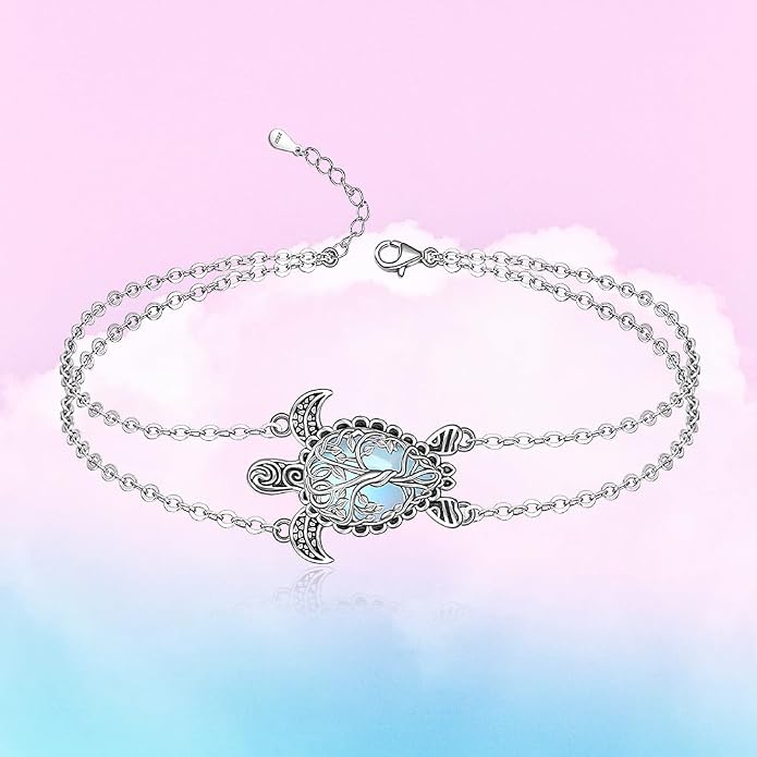Fenthring Turtle Anklet S925 Sterling Silver Blue Opal Sea Turtle Ankle Bracelets for Women Infinity Wave Ocean Beach Summer Foot Bracelet Jewelry Layered Adjustable