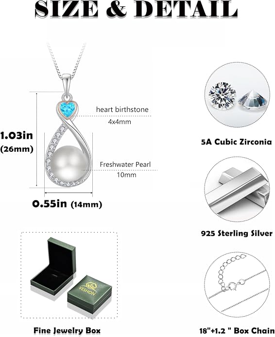 Heart Birthstone Pearl Pendant Necklace, 925 Sterling Silver Infinity Necklace with 10mm Freshwater Cultured Pearl & 4mm Gemstone Jewelry for Women