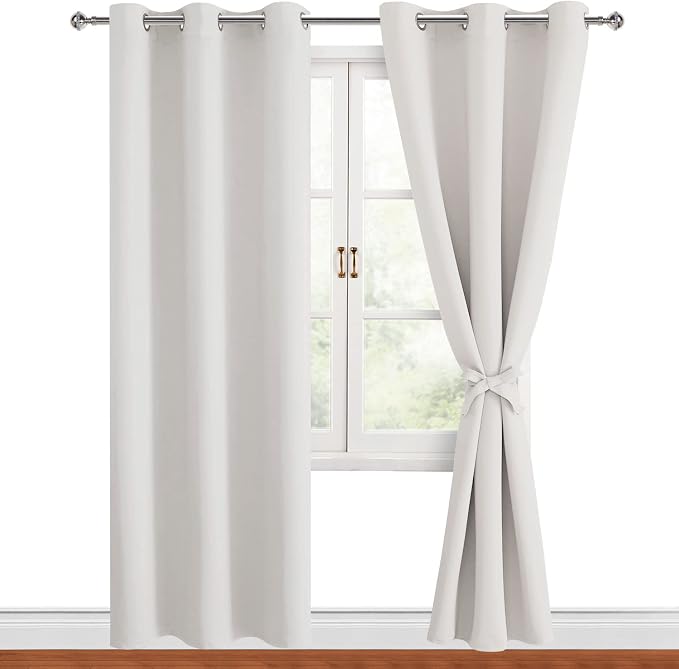 Hiasan Blackout Curtains for Bedroom, 42 x 84 Inches Long - Thermal Insulated & Light Blocking Window Curtains for Living Room/Kids Room, 2 Drape Panels Sewn with Tiebacks, Ivory