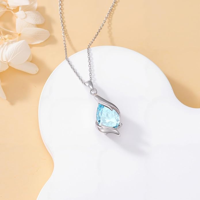 HPQQ Birthstone Necklace for Women 925 Sterling Silver Teardrop Pendant Fine Jewelry Birthday Mothers Day Gifts for Women Mom Her