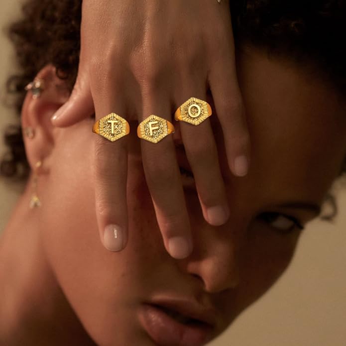 KeyStyle Bold Initial Letter Rings Adjustable, GoldChic Jewelry Women Gold Statement Ring Personalized Engraved Women’s Open Signet Ring for Party (Gold, White Gold, Black)